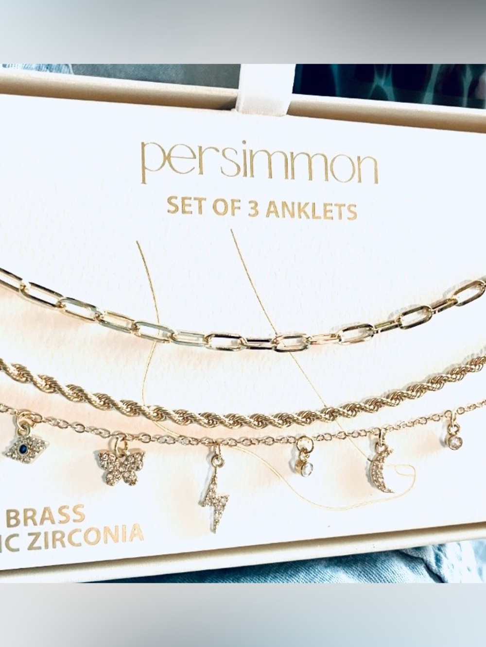 Persimmon Gold-Tone Set of 3 Women's Anklets with CZ Charms